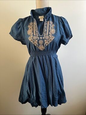 Embroidered Indigo Mini Dress with Shirred Waist